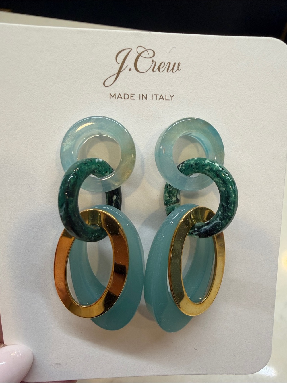J. Crew Aqua, Teal & Gold Linked Hoop Drop Earrings